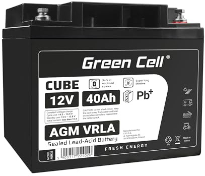 Green Cell AGM 12 V 40 Ah med IP54 batteri fleece batteri VRLA blybatteri blybatteri försörjningsbatteri cykelsäkert underhållsfritt husvagn solcellsrullstol solbatteri husvagn (12 V 40 Ah)