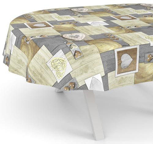 ANRO Wachstuchtischdecke Wachstischdecke Wachstuch Tischdecke abwaschbar Gartentischdecke Rund Oval Eckig Oval 160x140cm Schnittkante Holzmotiv Herz