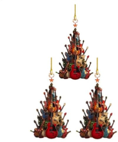 3 x rockgitarr julgransprydnad, akryl musik gitarr runt gitarren 2D platt stapling akryl gitarr instrument prydnad present till musikentusiaster runt julgranen