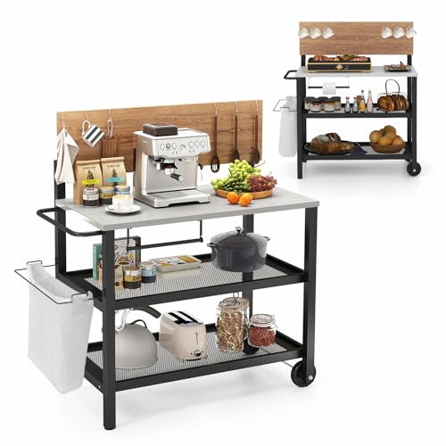 KOMFOTTEU Carrello per barbecue con piano pieghevole, carrello da portata per esterni, con gancio, porta asciugamani, porta sacchetti della spazzatura e spazio di archiviazione a 3 livelli, tavolo per