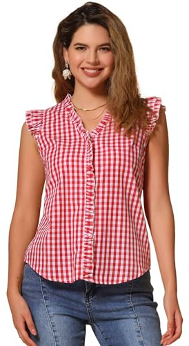 Allegra K Chemise à volants pour femme à carreaux écossais des années 50 avec col en V et manches à rabat
