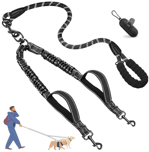 Blanlody Dubbelt hundkoppel för promenader, 2 hundar, inget trassel, reflekterande bungee-delat koppel med 360° vridbar rotation, två vadderade handtag och avfallspåsar för promenader och ombyte