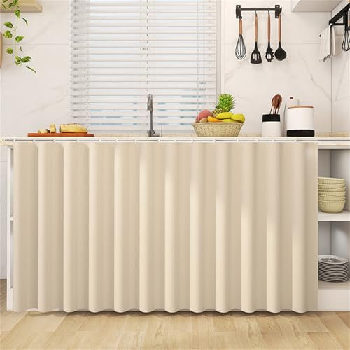 Highdi Schrankvorhang mit Klett, Schrank Vorhang Küche für Regal Selbstklebend Privatsphäre Schrankgardine für Küche, Kleiderschrank, Kommode-Einfarbig (Beige,70 * 100cm)