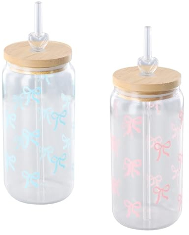 YILANJIN 2 Stück Trinkgläser, Glasbecher mit Deckel und Strohhalm, in Dosenform geformte Glasbecher, Wiederverwendbares Bubble Tea Becher, luftdichtes und wasserdichtes Design, Smoothie Becher