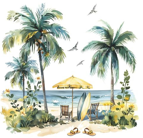 Fufuquare Adesivi da Parete albero di cocco spiaggia estiva Adesivi murali di piante verdi rimuovibili per bagno stanza da letto e salotto