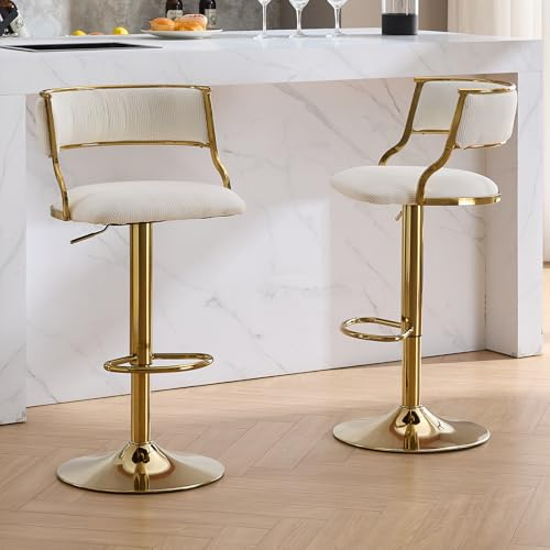 Ya-Home Uppsättning av 2 barstolar i sammet, svängbara barstolar med justerbar höjd, moderna bänkpallar för köksöar, beige