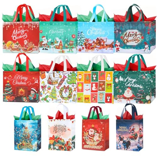 12 Stück Weihnachts Geschenk Beutel mit Seidenpapier, wiederverwendbare Weihnachten Vliestüten mit Griffen, inklusive 8 großen 33 cm, 4 mittelgroßen 25.4 cm großen Weihnachtsüberraschungstaschen