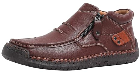 Chaussures en cuir pour homme - Respirantes et antidérapantes - Avec tige en cuir - Extra larges - Avec fermeture éclair - Chaussures plates classiques - Chaussures de loisirs confortables