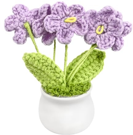 RUGBOL Fleurs au Crochet, Fleurs Tricotées en Pot, Bouquet Artificiel Décoratif, Décoration Maison ou Bureau, Cadeau Anniversaire Femme (Violet-Myosotis)