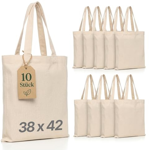 LEATEX Baumwolltasche zum Bemalen für DIY – kleine Stofftasche 38×42 cm naturfarben, unbedruckt mit kurzen Henkeln – Kinder Jutebeutel & Geschenktasche – 5/10/25er Pack