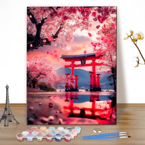MEIYUDA Peinture par Numero Adulte, Paysage japonais Kit de Peinture à l'Huile sur Toile par Numéro Adulte, Decoration Maison Cadeau 40x50cm(sans Cadre)
