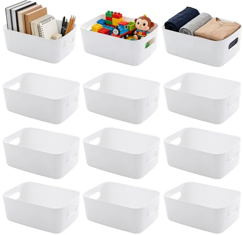 SAMSYOKI 12PCS Cestas Almacenaje de Plástico Blanco Cajas de Almacenamiento de Plastico con Asas Cajas Almacenaje Apilables Cestas Organizadoras para Estanterías Cocina Baño Armario Cosmético