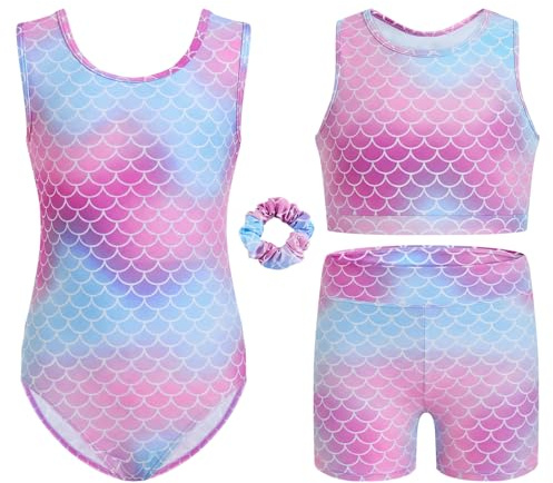 Gogokids Mädchen-Gymnastik-Leotard 4-teiliges Set, Kindergymnastik-Kleidung mit Blumenprint-Leotard, Crop-Top, Shorts & Haargummi | Tanzbekleidung für Ballett, Yoga, Auftritte | Alter 3–12 Jahre