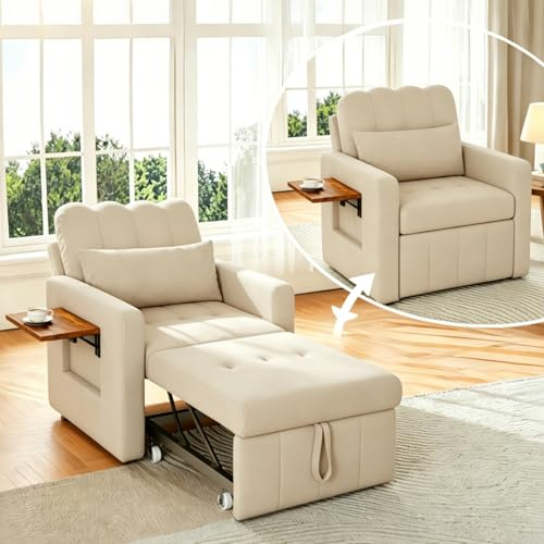 Bäddsoffa 3-i-1, sovstol med sängfunktion, utdragbar soffa med 5-steg, justerbar ryggstöd fåtölj med sovfunktion, bäddsoffa med kudde och sidoficka, chenille-tyg (beige)