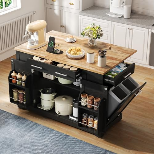 Ktipm Moderna Isla Cocina con Ruedas y Enchufe, Isla de Cocina con Cubo de Basura y Tablero Plegable, Mueble Auxiliar Cocina con Almacenaje Multiuso y Estante Ajustable, 138x56-86x92 cm, Negro+Natural
