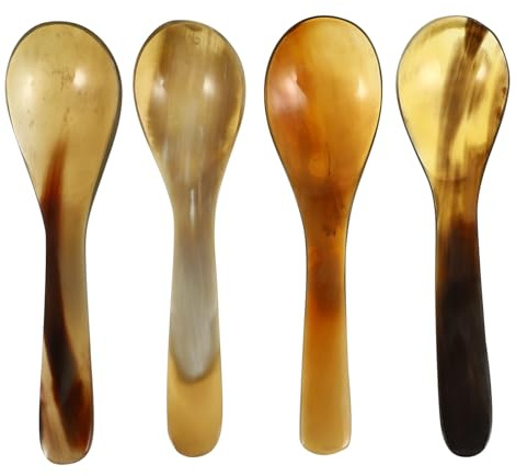 UTHCLO Cucharas para Café y Postre de Cuerno Natural, Juego de 4 Piezas Grandes, Cucharas para Mezclar y Servir en Cocina, Ideales para Té, Yogur y Pasteles