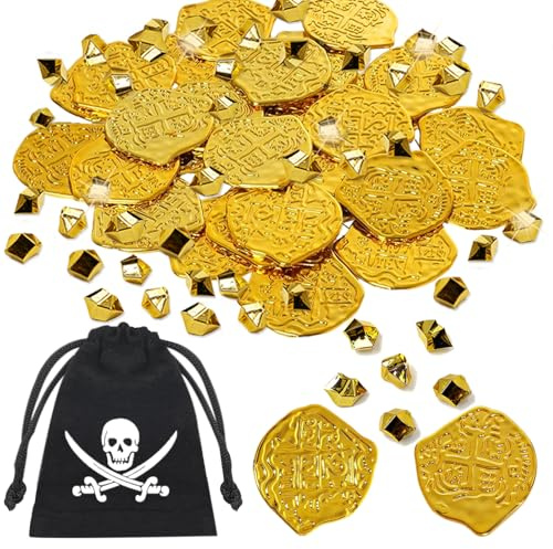 HPSOM 200 Stück Piratenschatz Set für Kinder mit Zugbeutel – 100 Goldmünzen & 100 Edelsteine, Schatzsuche Spielzeug für Piratenparty Kindergeburtstag Schatzkiste Spiele (Gold & Gold)