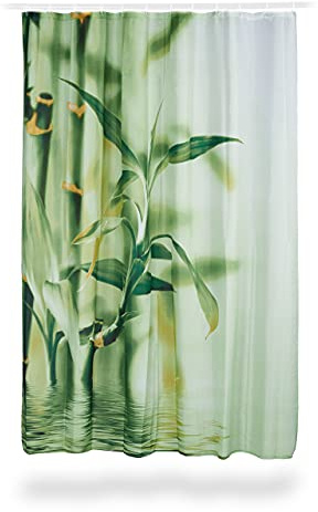 Relaxdays duschdraperi med motiv, naturlig bambu design, med draperiringar, tvättbart polyester tyg, 200 x 180 cm, grön