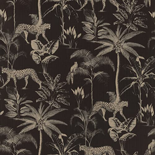 Rasch Tapete 409031 - Schwarze Dschungeltapete mit goldenen Palmen und Leoparden, Exotisch - 10,05m x 0,53m (LxB)