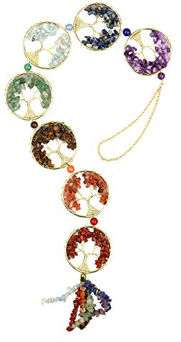 7 Pietre Chakra Albero di Cristalli di Guarigione Reiki Della Vita Pietre Preziose Naturali Ornamento da Appendere, Yoga Protezione Decorazione Della Parete di Casa per Buona Fortuna (D'oro)