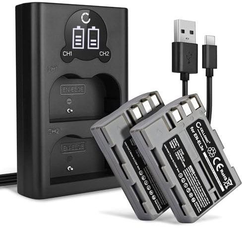 CELLONIC 2x Battery compatible with Nikon D100, D200, D300, D300S, EN-EL3 | + Dual Charger (1600mAh-7.4V-Lithium Ion) for Nikon D50, D70, D700, D70s, D80, D90, D900, EN-EL3a, EN-EL3e, MH-18a