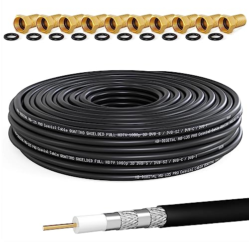 HB-DIGITAL 20m SAT Koaxial Kabel 135dB 8K 4K UHD 4-Fach geschirmt für DVB-S / S2 DVB-C / C2 DVB-T / T2 DAB+ Radio + inkl. 10x vergoldete F-Stecker BK Anlagen - Stahl/Kupfer Innenleiter - Schwarz