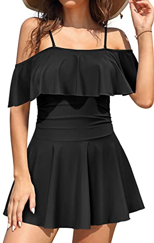 SHEKINI Mujer Traje de Baño una Pieza Falda de Traje de baño Bikini Un Hombro Elegante Volante Retro Ruched Control Abdominal Falda de Baño Trajes de Baño (Negro B, M)
