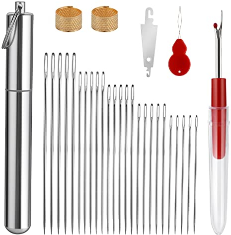 Prasacco 31 Stück Nähnadeln Set, Großes Öhr Stopfnadeln Sticknadeln 5 Größen Nähnadeln mit 2 Fingerhut 2 Einfädler 1 Nahttrenner 1 Aluminium-Rohre für Handnäharbeiten Handwerk (6/5,5/5/4,5/4 cm)