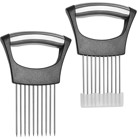 NIUGRECF 2 Pcs Onion Slicer, Premium Vegetable Slicing Tool for Potato, Tomato, Fruit, Lemon, Meat, Stainless Steel Kitchen Tool (Black)