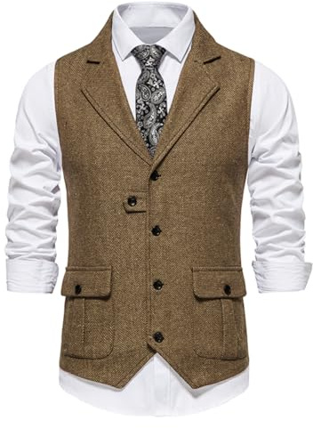 Allthemen Chaleco de traje formal hombre de tweed con solapa vest casuales de espiga para boda de fiesta vintage sin mangas Marrón L