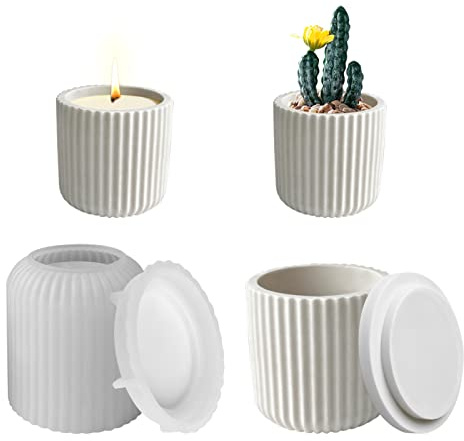 Hekasvm Moule à Bougie en Béton, Moules en Silicone avec Couvercle Porte-Bougie Cylindrique, Coupe à Bougie, pour Pot De Ciment, Porte-Bougie en Plâtre (Rayé)