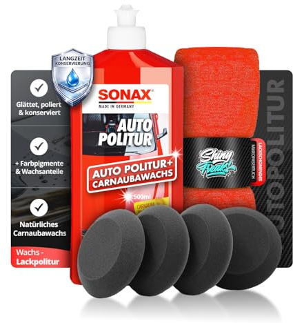 Politurset: SONAX Autopolitur (250ml) Auto Politur Handpolitur Set + Applikator + Mikrofasertücher | mühelos und schnell zum perfekten Polierergebnis | 6-teilig