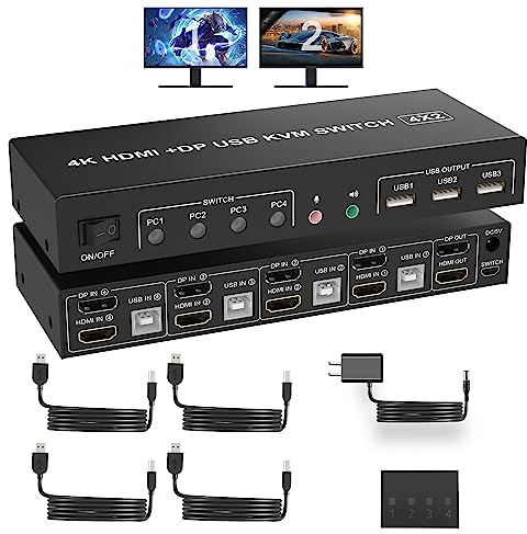 Displayport + HDMI KVM Switch 2 monitor 4 computer, 4K@60Hz Dual Monitor KVM Switch 4 porte con uscita audio microfono e 3 porte USB, HDMI+DP Monitor Switch per 4 PC 2 monitor
