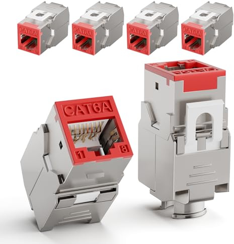 LEENUE 6 Pack RJ45 Keystone Jack Cat6A,10 Gbps/500MHZ, Gold-pated Keystone Modul for CAT6A CAT6 Network Cable PoE, RJ45 Connector, Ethernet Patch Network Cable, Ethernet Socket and Patch Panel, Red