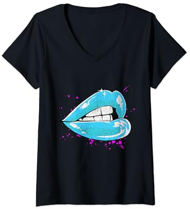 Große Lippen mit blauem Lippenstift, 80er Jahre 1980er Valentinstag Grafik T-Shirt mit V-Ausschnitt