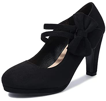 elerhythm Mary Jane Heels med rosett retro stängd rund tå pumps mocka chic fluga vintage Gatsby skor, Svart, 39.5 EU