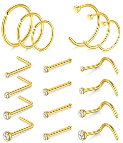 AVYRING Set di piercing per naso, in acciaio chirurgico, con zirconi, per donne e uomini, 22 G, 20 g, 18 G, 18G (1.0mm), Acciaio inossidabile