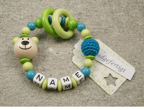 Baby Motorik Spielzeug personalisiert mit Namen | Holz Lernspielzeug als Mädchen & Jungen Geschenk zur Geburt, Taufe | Bär in lemon grün