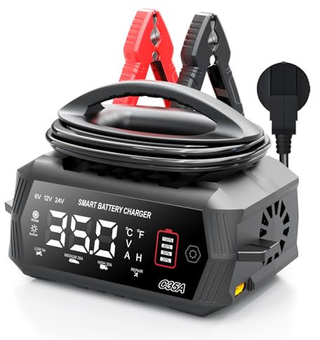 Cargador de batería de coche de 35 A, 6 V/12 V/24 V, cargador de goteo y desulfatador de batería con pantalla LCD para barco, SUV, motocicleta, litio LiFePO4 y plomo-ácido (AGM, GEL, MF, EFB, SLA,