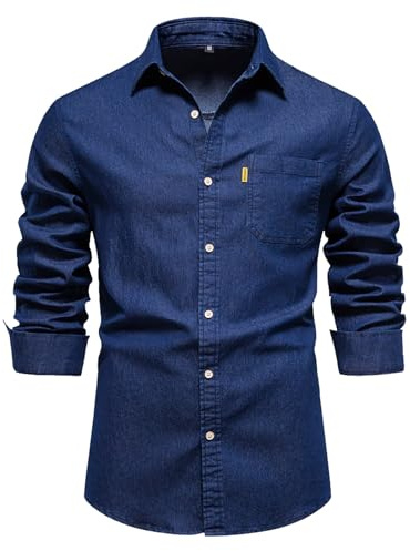 Camicia da uomo a maniche lunghe, camicia jeans da uomo, camicia estiva leggera e sottile in 95% cotone, camicia denim da uomo, slim fit, jeans estivi con tasca sul petto, camicia elegante da uomo con