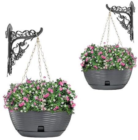 GarPet 2er Set Blumenampel Blumentopf hängend außen Hängetopf für Pflanzen Blumentöpfe zum aufhängen Hängeampel inkl. Kette Wandhalterung Rattan anthrazit
