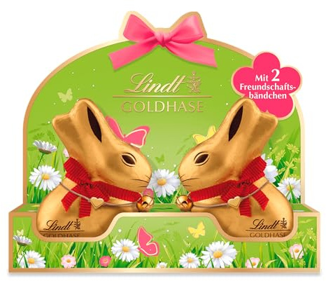 Lindt Schokolade | GOLDHASE Best Friends | 100g | Edler Schokoladenhase aus Vollmilch-Schokolade mit 2 Freundschaftsarmbändern | Schokoladenhase | Perfektes Oster-Geschenk für Freunde