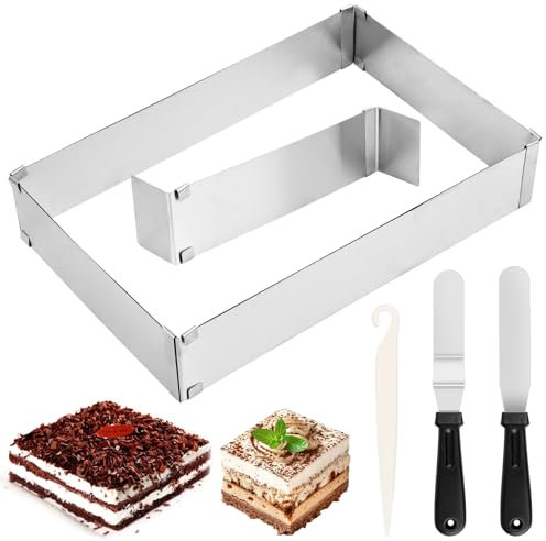 DINSONG Marco de horno rectangular ajustable, molde de acero inoxidable, rectangular, anillo para tartas, molde ajustable, cuadrado con divisor, espátula, para tartas, pizza, decoración de fiestas