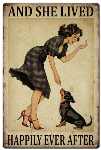 SUPERDANT Dog Lady Tin Sign Girl with Dog Metal Tin Sign She Lived Happily Ever After Metal Signs Funny Signs and Plaques Metal Wall Art for Girl's Room Playroom Bars Pub Man Cave Wall Decor