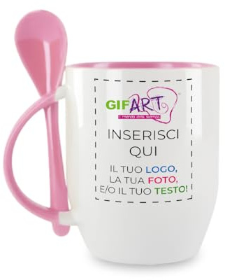 GIFART Tazza Personalizzata con Cucchiaino in Ceramica - Tazza Colazione Personalizzabile con Foto Testo - 300ml vari colori disponibili - Idea Regalo Compleanno, Natale, Mamma, Papà (ROSA)