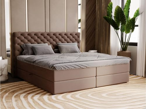 GRAINGOLD Bergamo Lit 160x200, Boxspring avec Coffre de Rangement, Rembourré avec Matelas à Ressorts Bonell, Lit Double, Tissu en Velours, avec Surmatelas, avec Tête de Lit (Marron, 160x200)
