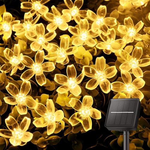 Stringa di luci solari da giardino, 7 m, 8 modalità, 50 LED, a forma di fiore, a energia solare, impermeabile, per esterni, patio, cortile, albero, prato, matrimoni, decorazioni per feste (bianco