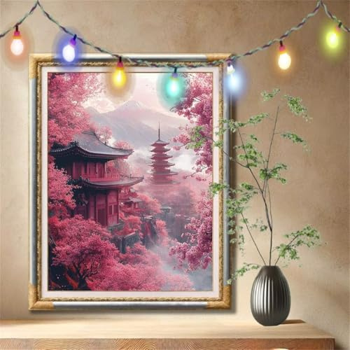 Pintura de Diamantes para Adultos,5D Flor de cerezo,Montaña Diamond Painting, DIY Cuadro de Diamantes para Principiantes, Puzzle de Diamantes Para Regalos y Decoración del Hogar (90x120cm) 57F-4678