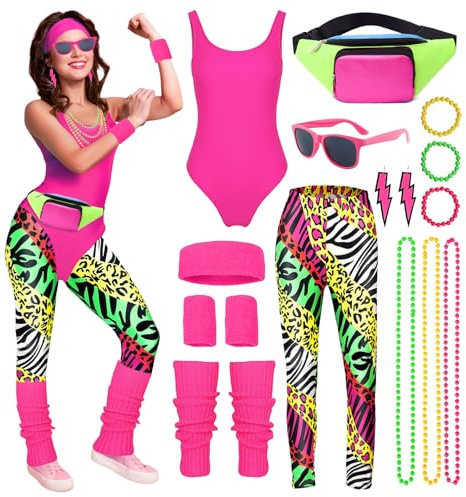 YAEGIMHT 80er Jahre Outfit Damen: Retro Workout Kostüm mit Top, Leggings, Stirnband, Sonnenbrille, Armbändern, Beinwärmern, Ohrringen, Gürteltasche für Karneval, Halloween, 80er/90er Jahre Party