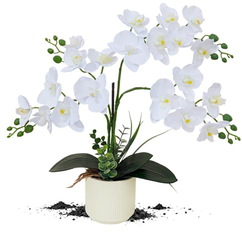 ucky Upgraded White Artificial Orchid Flowers with Ceramic Vase Fake Orchids Real Touch Flowers for Home Decor Bathroom Decoration Table Centerpieces (White)
